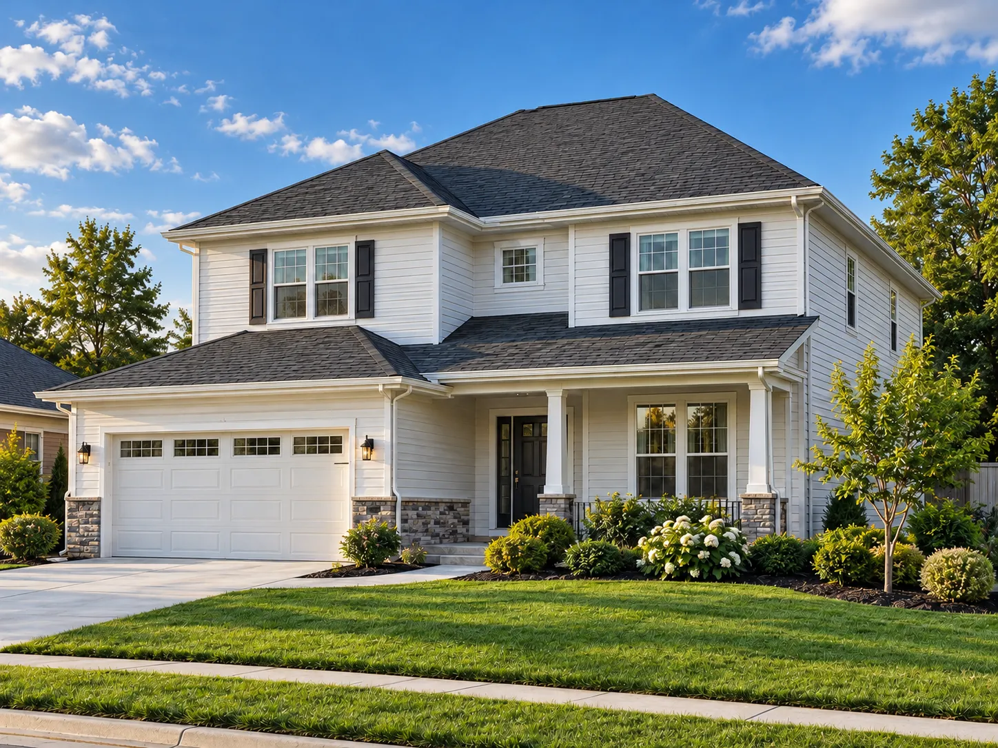 Two-story home with a finished dark architectural shingle roof