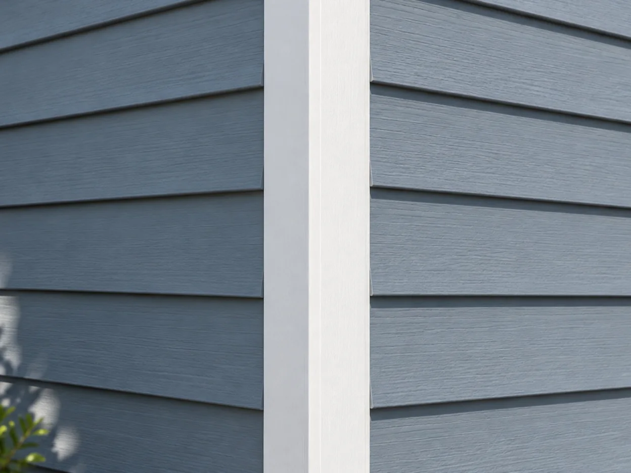 Close-up of blue lap siding meeting a white outside corner post