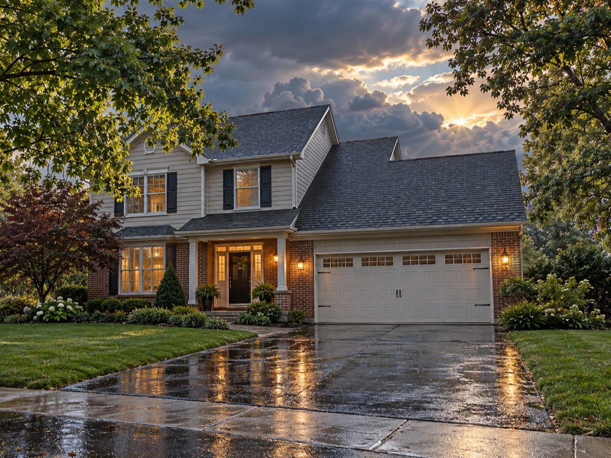 House and wet driveway under storm clouds