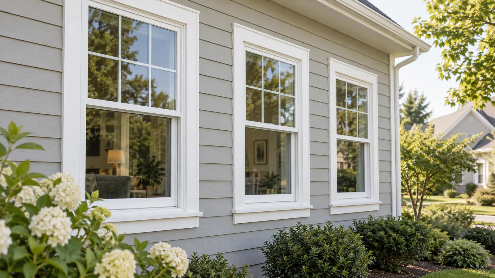 Three white double-hung windows in light gray siding